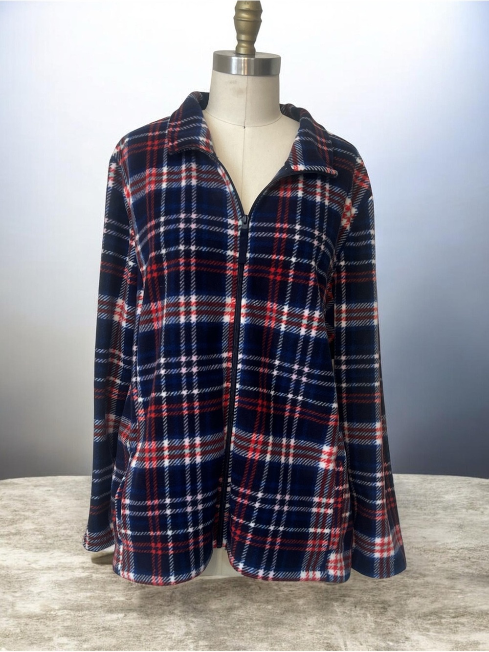 Plaid Zip-Front Fleece Jacket - Navy, Red & White